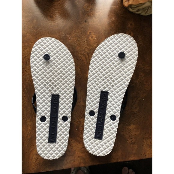 Michael Kors Jet Set Flip Flop Sandals Navy Blue White Gold MK Logo US Size 10 - Picture 4 of 7